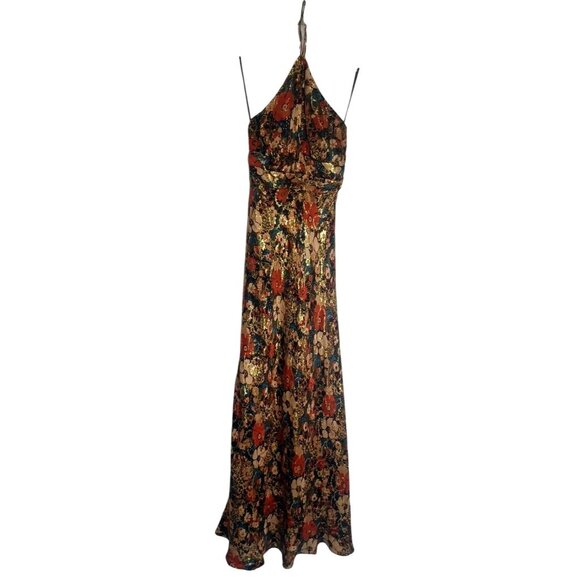 NWT Nicole Miller Sz 4 Floor Length Silk  Maxi Halter Metallic Floral Dress - Picture 4 of 15